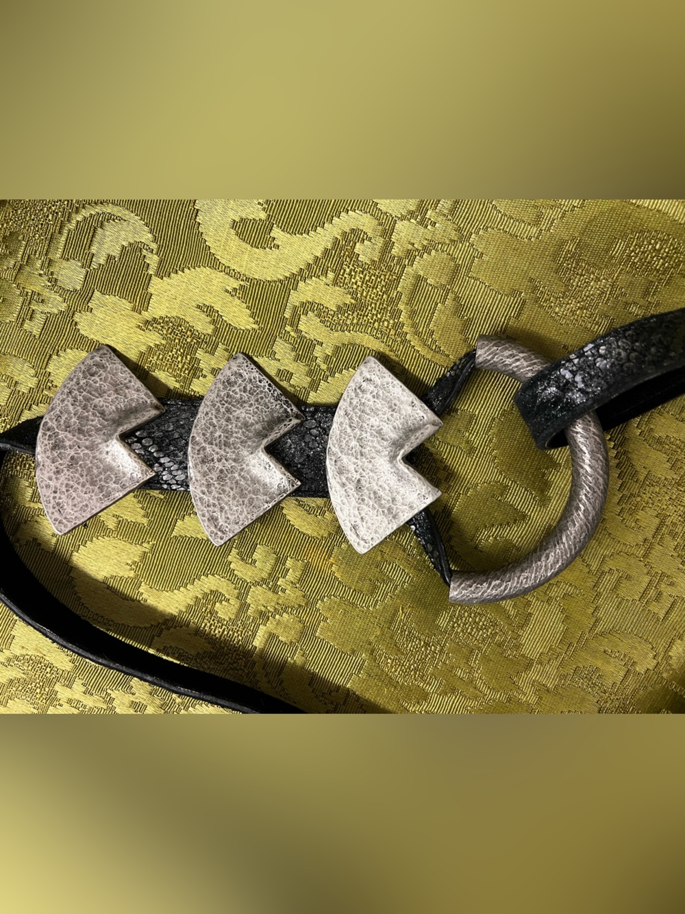 Metal Accent Black Belt with Silver-Tone Chevron Details